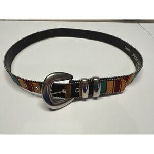 Vintage Woven Striped Tapestry Belt Silver Horseshoe Buckle Ball Chain Trim USA